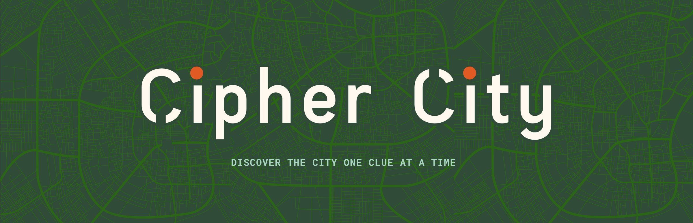 Logoen Cipher City i kremhvitt over et grønt bykart, med teksten «Discover the city one clue at a time»