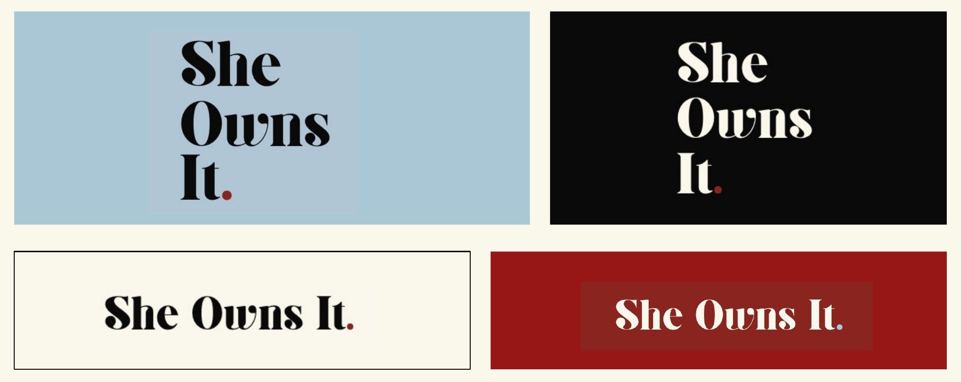 Logoen She Owns It. i fire varianter: stablet på lyseblått og svart, og på én linje på kremhvitt og rødt