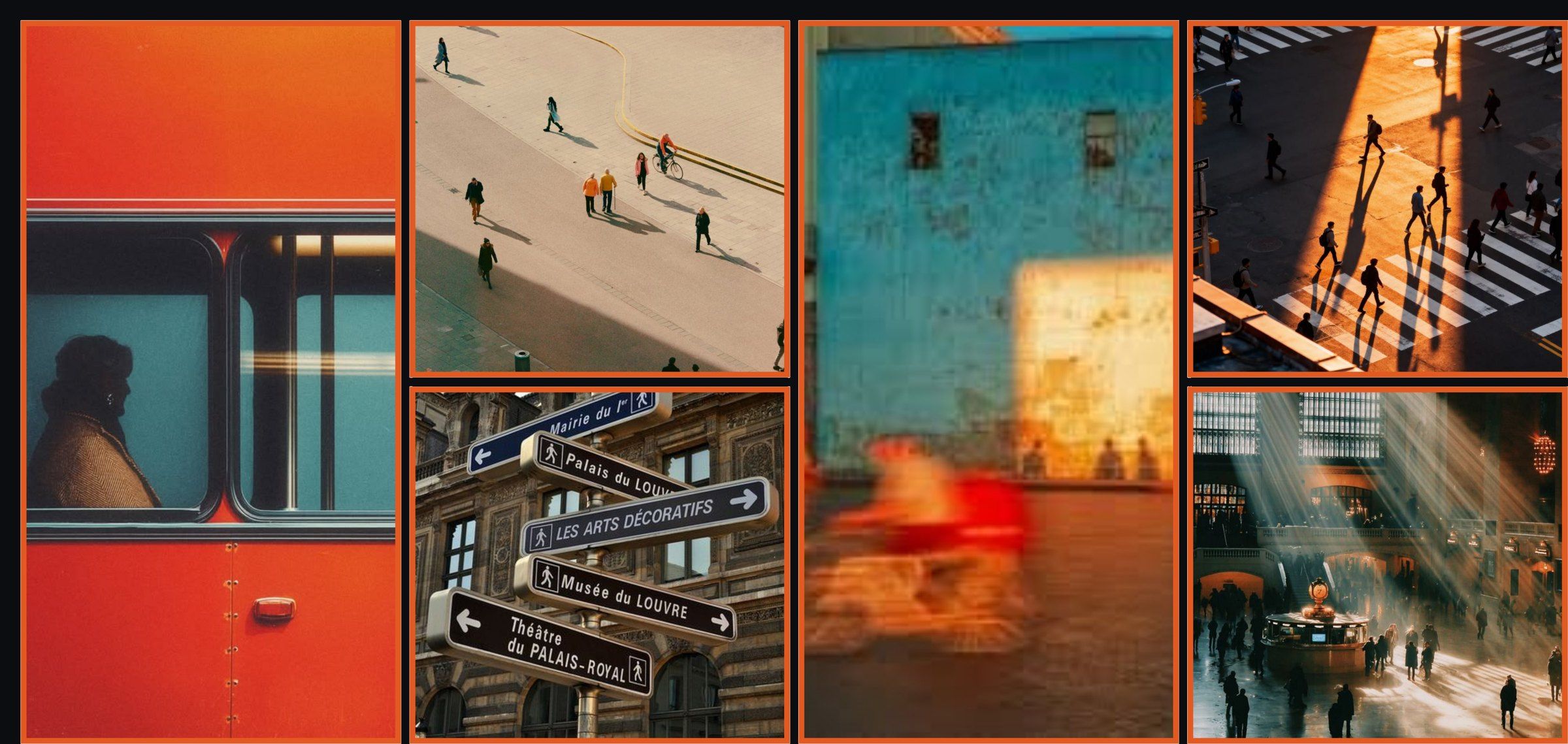Moodboard med varme bybilder: t-banevindu, gateskilt, folk som krysser gaten og lys i en togstasjon